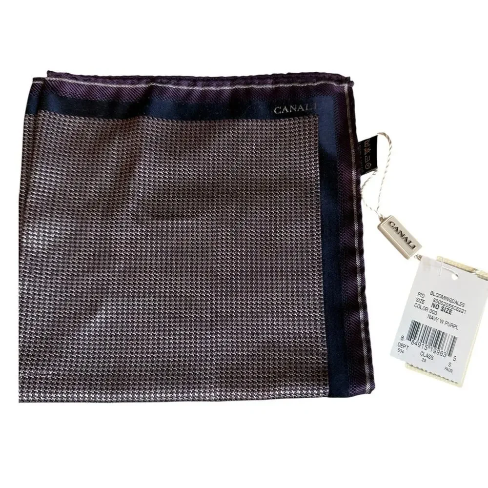 Canali Silk Pocket Square Navy Blue Plum